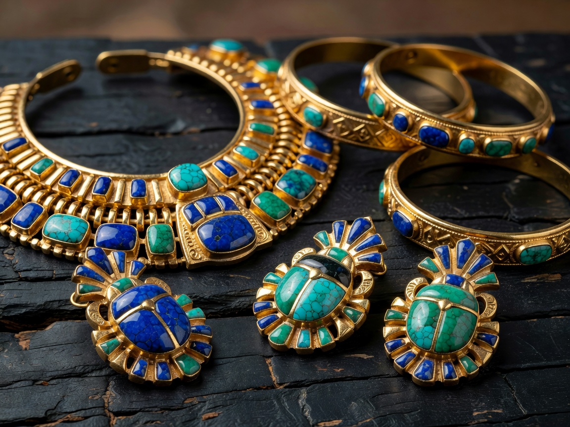 Ancient gold jewelry inlaid with brilliant blue and green turquoise
