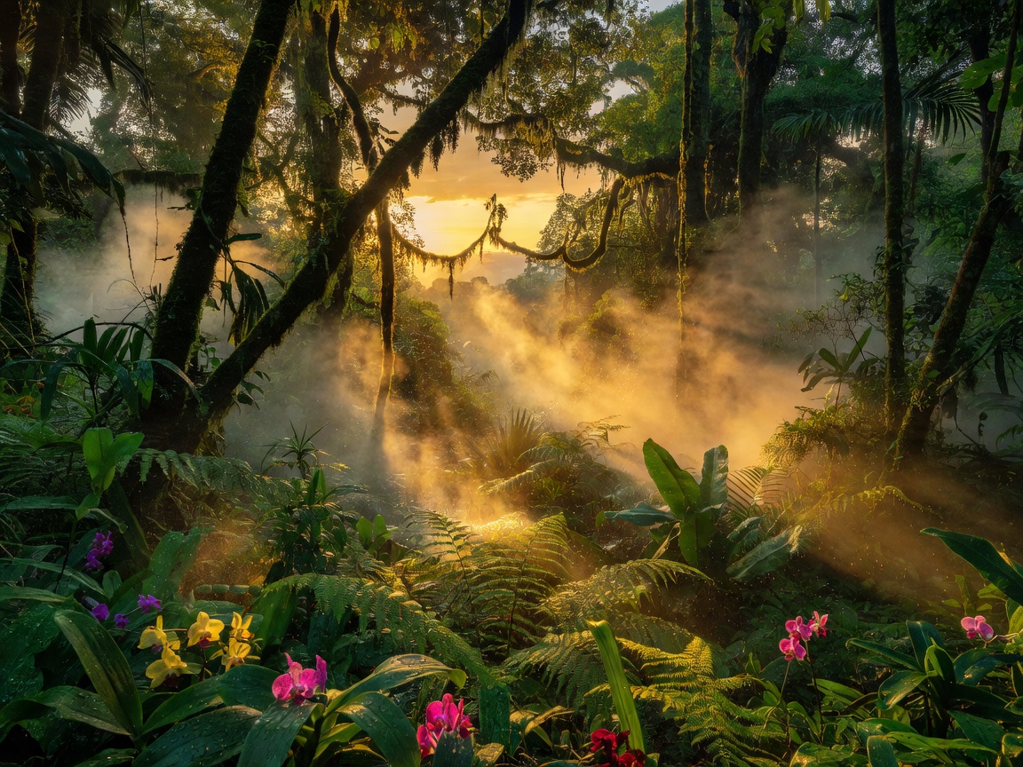 Vibrant tropical foliage draping over ancient obsidian stone carvings