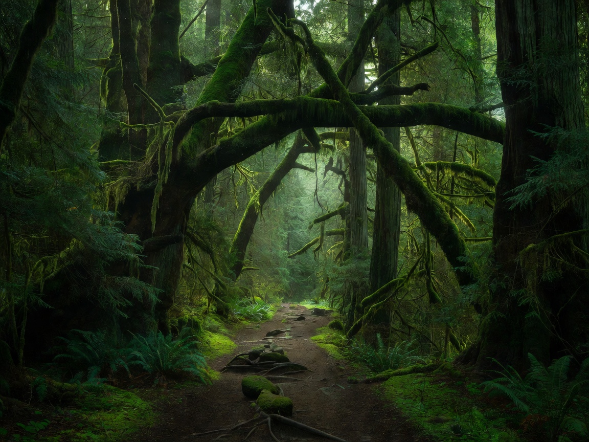 Deep green forest trail arched over with old-growth trees