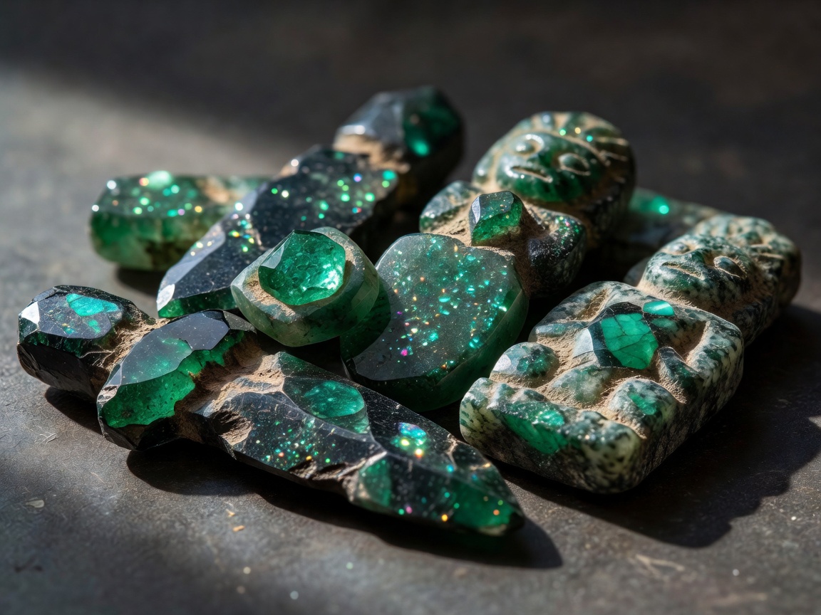 Detailed close-up of stone artifacts with sparkling emerald colors