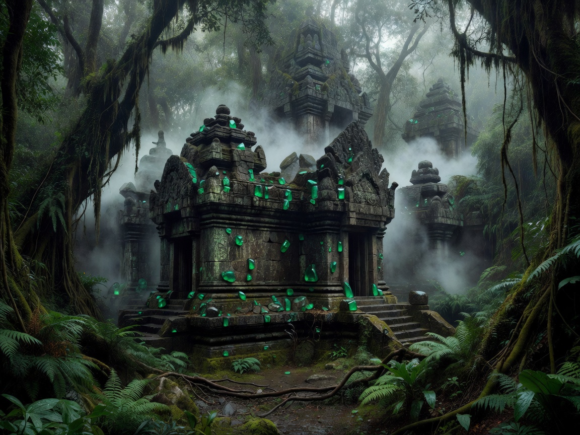 Mysterious emerald-laden stone temple in a mist-filled primeval rainforest