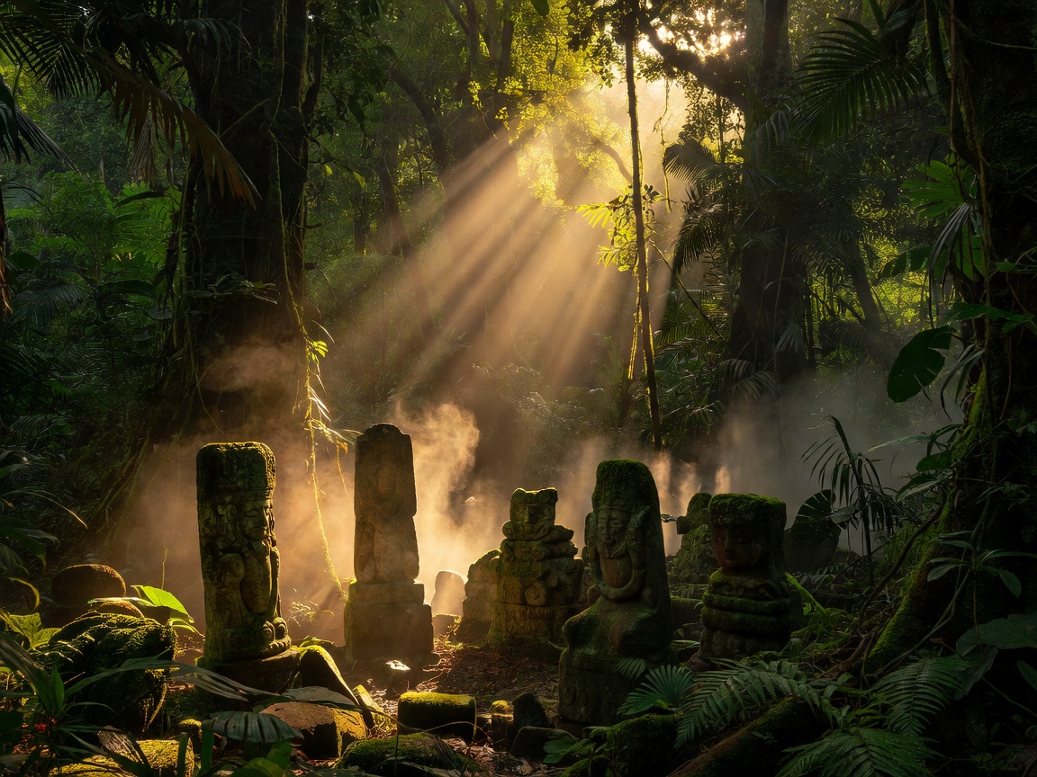 Mysterious sun rays breaking through jungle trees onto stone artifacts