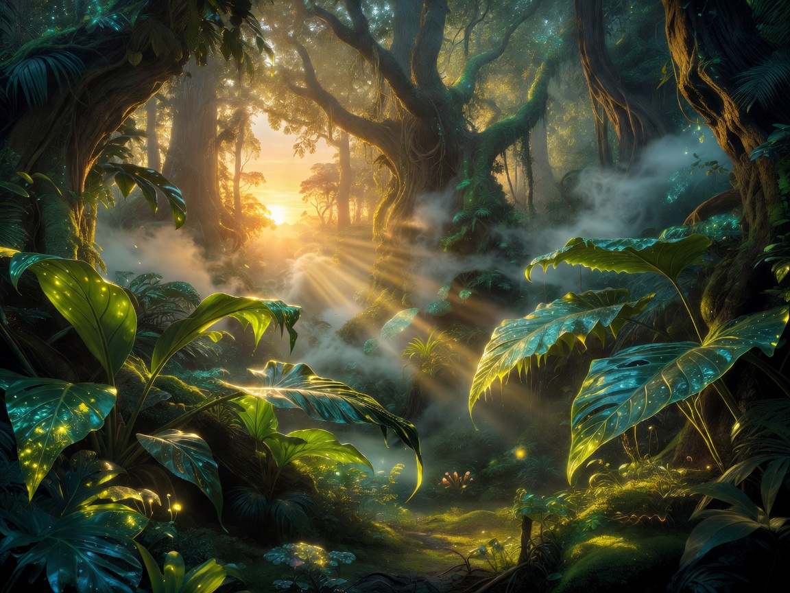 Spectacular sunrise illuminating high jungle leaves in a mythical forest