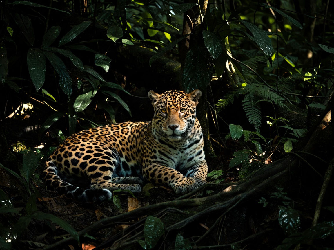 Stunning jaguar resting in the lush dark undergrowth